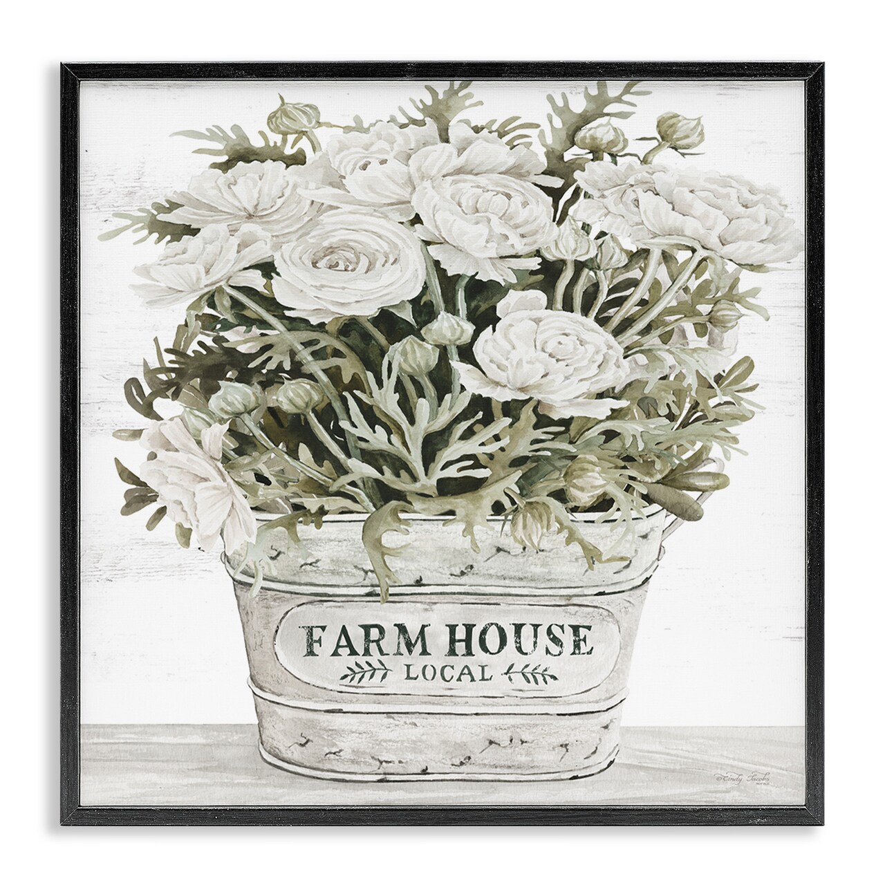 Stupell Industries Farmhouse Planter White Rose Blossoms Framed Giclee Art